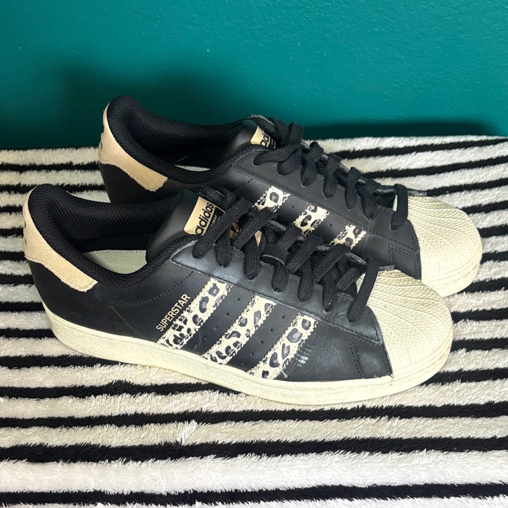 Adidas Superstar Black and Beige with Leopard Print